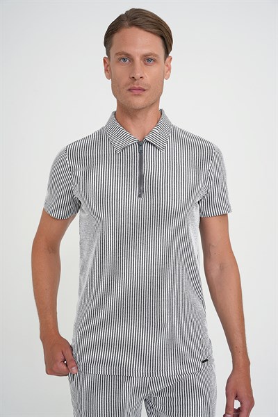 Comfort Fit %100 Pamuk Dikine Çizgili Fermuarlı Polo Yaka Siyah Tişört TS 906