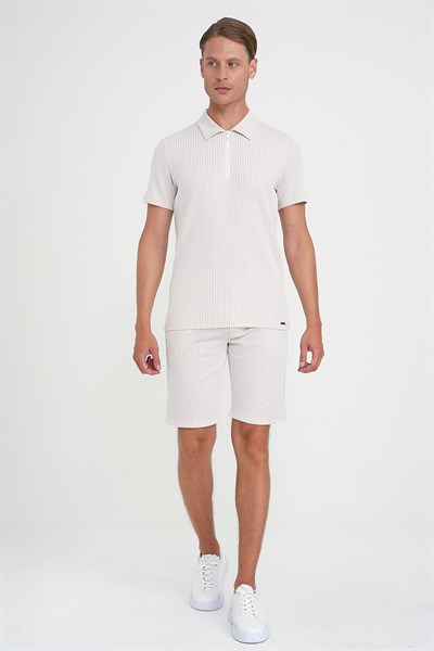 Comfort Fit %100 Pamuk Dikine Çizgili Fermuarlı Polo Yaka Bej Tişört TS 906
