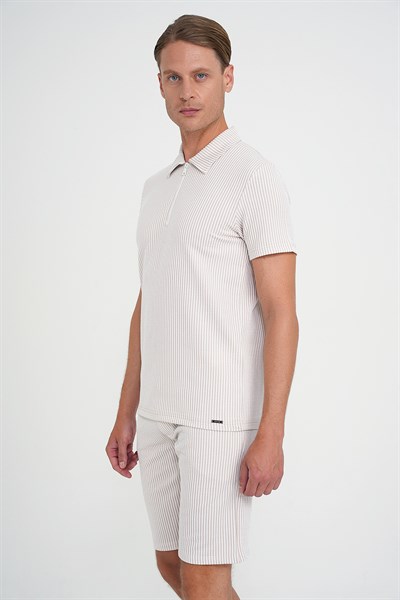 Comfort Fit %100 Pamuk Dikine Çizgili Fermuarlı Polo Yaka Bej Tişört TS 906