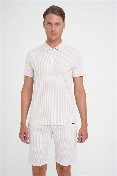 Comfort Fit %100 Pamuk Dikine Çizgili Fermuarlı Polo Yaka Bej Tişört TS 906
