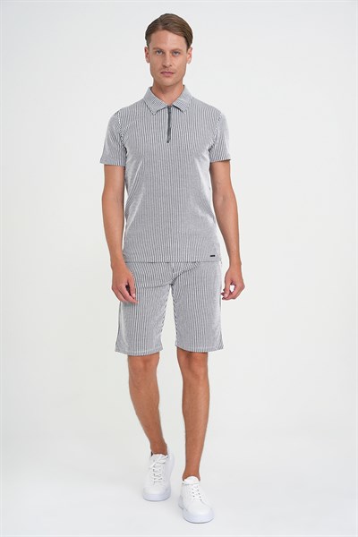 Comfort Fit %100 Pamuk Dikine Çizgili Fermuarlı Polo Yaka Siyah Tişört TS 906