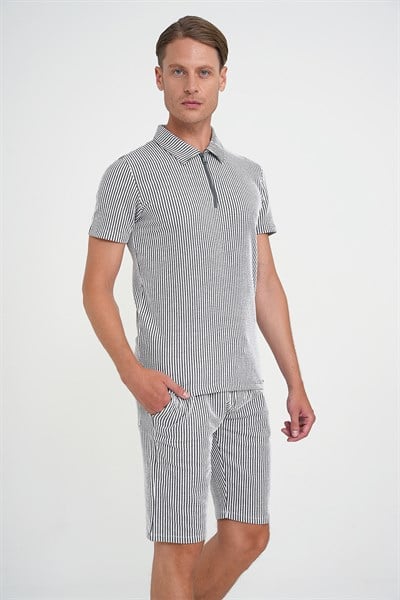 Comfort Fit %100 Pamuk Dikine Çizgili Fermuarlı Polo Yaka Siyah Tişört TS 906