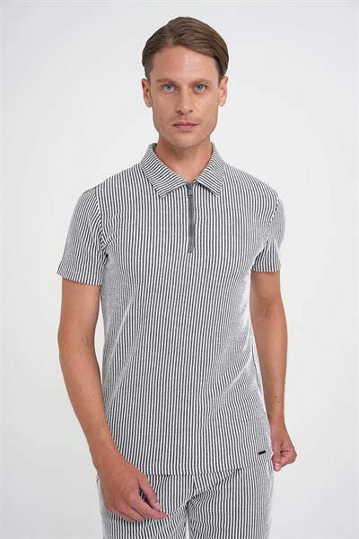 Comfort Fit %100 Pamuk Dikine Çizgili Fermuarlı Polo Yaka Siyah Tişört TS 906