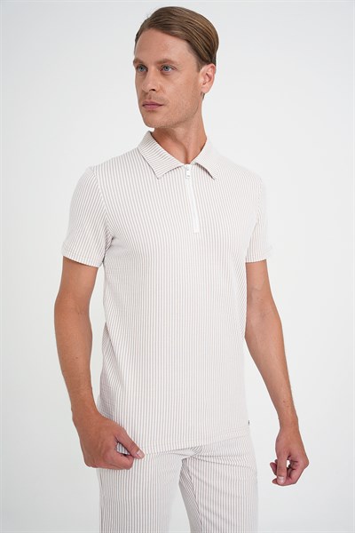 Comfort Fit %100 Pamuk Dikine Çizgili Fermuarlı Polo Yaka Bej Tişört TS 906