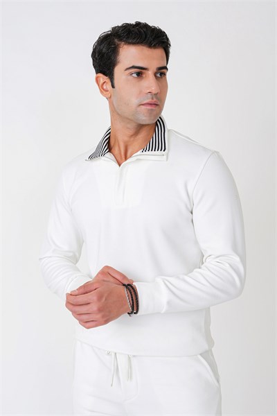 Comfort Fit %100 Pamuk Fermuarlı Polo Yaka Ekru Sweatshirt SWT 013