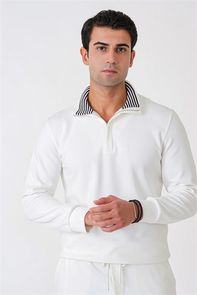 Comfort Fit %100 Pamuk Fermuarlı Polo Yaka Ekru Sweatshirt SWT 013