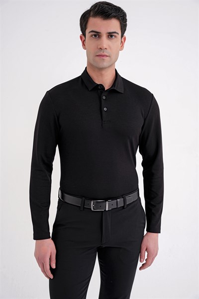 Comfort Fit %97 Esnek Pamuklu Polo Yaka Uzun Kollu Siyah Tişört TS 921