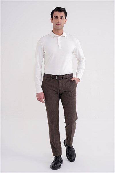 Comfort Fit %97 Esnek Pamuklu Polo Yaka Uzun Kollu Ekru Tişört TS 921