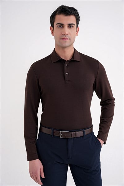 Comfort Fit %97 Esnek Pamuklu Polo Yaka Uzun Kollu Kahverengi Tişört TS 921