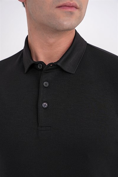 Comfort Fit %97 Esnek Pamuklu Polo Yaka Uzun Kollu Siyah Tişört TS 921