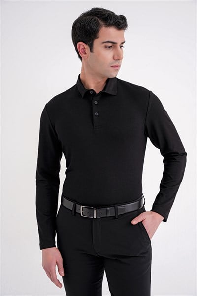 Comfort Fit %97 Esnek Pamuklu Polo Yaka Uzun Kollu Siyah Tişört TS 921