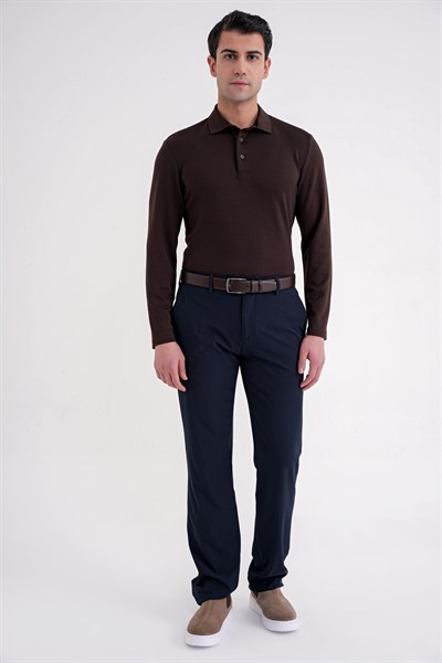 Comfort Fit %97 Esnek Pamuklu Polo Yaka Uzun Kollu Kahverengi Tişört TS 921