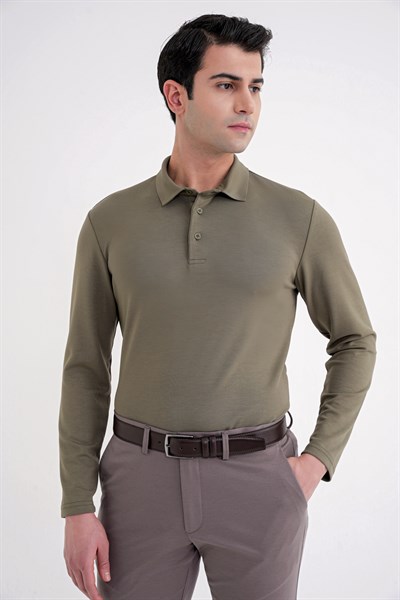 Comfort Fit %97 Esnek Pamuklu Polo Yaka Uzun Kollu Haki Tişört TS 921