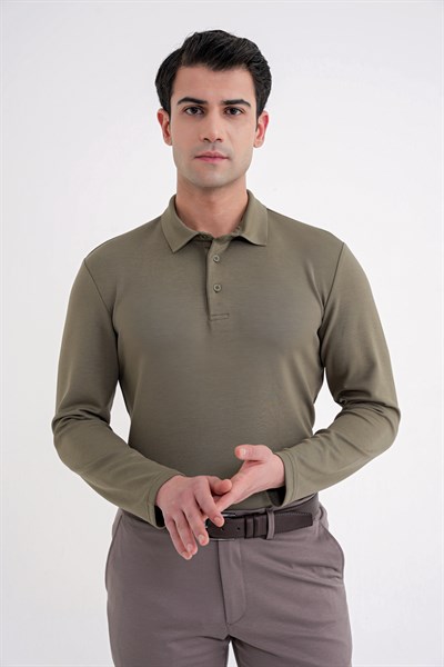 Comfort Fit %97 Esnek Pamuklu Polo Yaka Uzun Kollu Haki Tişört TS 921