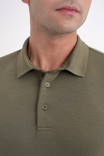 Comfort Fit %97 Esnek Pamuklu Polo Yaka Uzun Kollu Haki Tişört TS 921