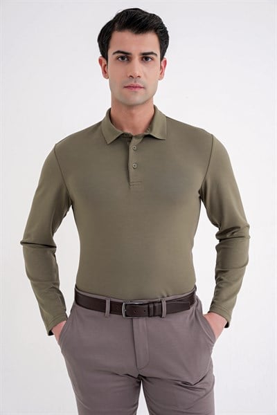 Comfort Fit %97 Esnek Pamuklu Polo Yaka Uzun Kollu Haki Tişört TS 921