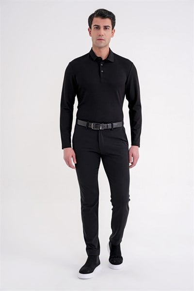 Comfort Fit %97 Esnek Pamuklu Polo Yaka Uzun Kollu Siyah Tişört TS 921
