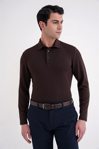 Comfort Fit %97 Esnek Pamuklu Polo Yaka Uzun Kollu Kahverengi Tişört TS 921