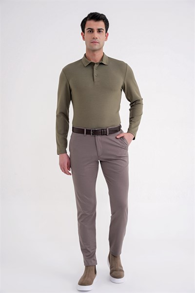 Comfort Fit %97 Esnek Pamuklu Polo Yaka Uzun Kollu Haki Tişört TS 921