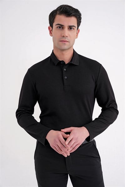 Comfort Fit %97 Esnek Pamuklu Polo Yaka Uzun Kollu Siyah Tişört TS 921