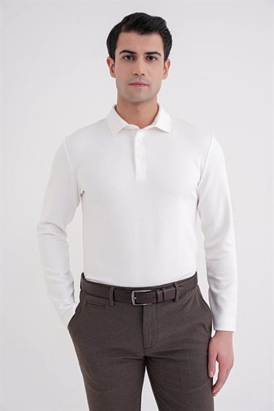 Comfort Fit %97 Esnek Pamuklu Polo Yaka Uzun Kollu Ekru Tişört TS 921