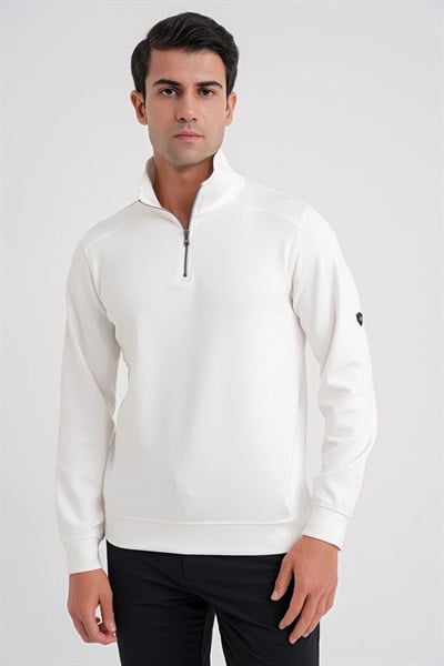 Comfort Fit %97 Pamuk Tam Fermuarlı Polo Yaka Ekru Tişört TS 918