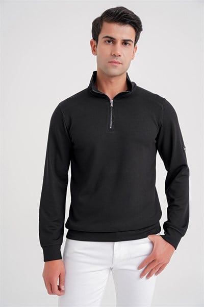 Comfort Fit %97 Pamuk Tam Fermuarlı Polo Yaka Siyah Tişört TS 918