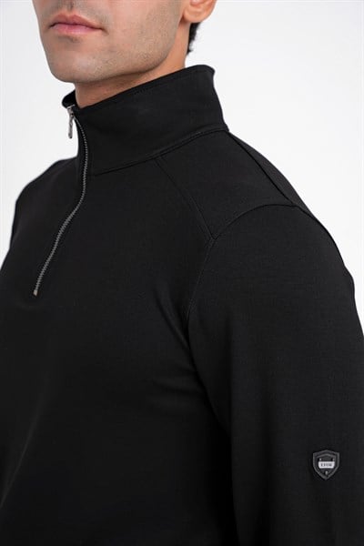 Comfort Fit %97 Pamuk Tam Fermuarlı Polo Yaka Siyah Tişört TS 918