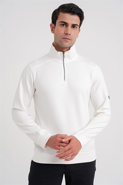 Comfort Fit %97 Pamuk Tam Fermuarlı Polo Yaka Ekru Tişört TS 918