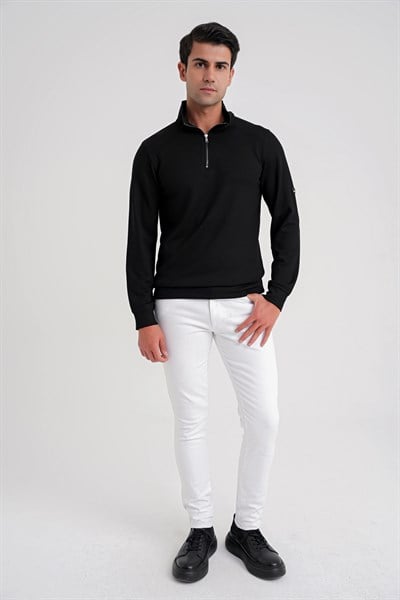 Comfort Fit %97 Pamuk Tam Fermuarlı Polo Yaka Siyah Tişört TS 918