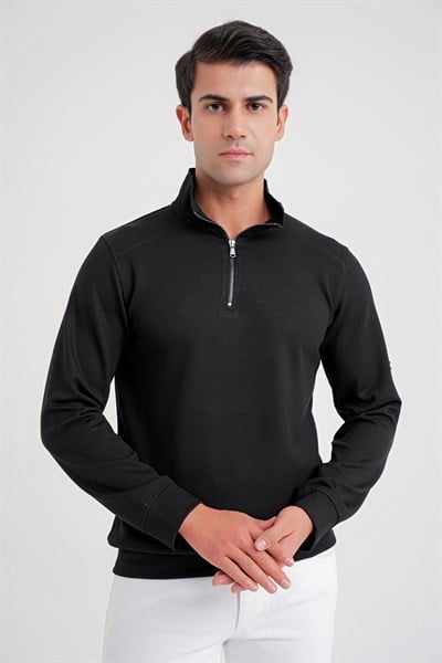 Comfort Fit %97 Pamuk Tam Fermuarlı Polo Yaka Siyah Tişört TS 918