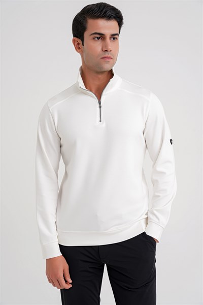 Comfort Fit %97 Pamuk Tam Fermuarlı Polo Yaka Ekru Tişört TS 918