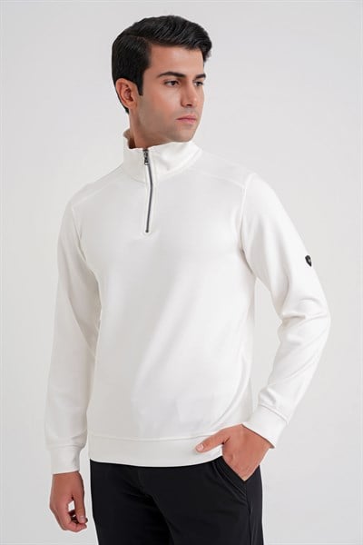 Comfort Fit %97 Pamuk Tam Fermuarlı Polo Yaka Ekru Tişört TS 918