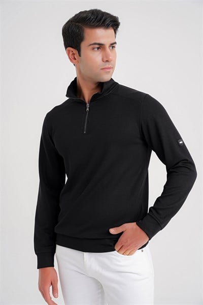 Comfort Fit %97 Pamuk Tam Fermuarlı Polo Yaka Siyah Tişört TS 918
