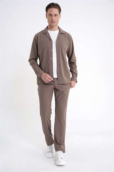 Comfort Fit Apaş Yaka  Doku Desenli %100 Pamuk Vizon Gömlek Ceket G 1601