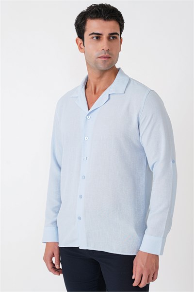 Comfort Fit Apaş Yaka Katlanabilir Kollu Mavi Keten Gömlek G 1613
