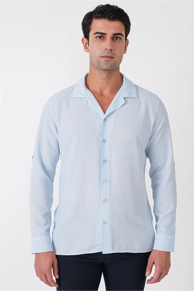 Comfort Fit Apaş Yaka Katlanabilir Kollu Mavi Keten Gömlek G 1613