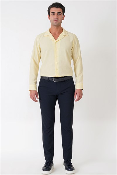 Comfort Fit Apaş Yaka Katlanabilir Kollu Sarı Keten Gömlek G 1613