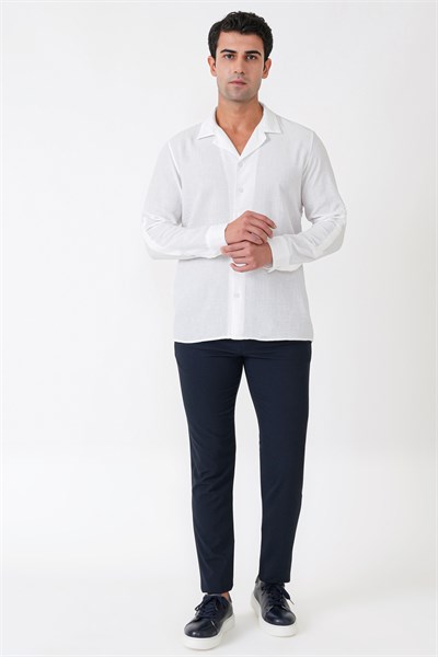 Comfort Fit Apaş Yaka Katlanabilir Kollu Beyaz Keten Gömlek G 1613