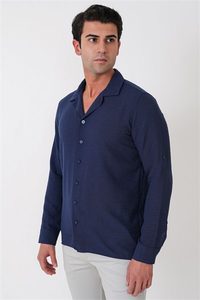 Comfort Fit Apaş Yaka Katlanabilir Kollu Lacivert Keten Gömlek G 1613