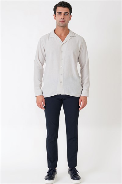 Comfort Fit Apaş Yaka Katlanabilir Kollu Taş Keten Gömlek G 1613