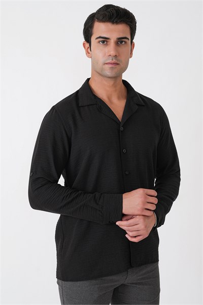 Comfort Fit Apaş Yaka Katlanabilir Kollu Siyah Keten Gömlek G 1613