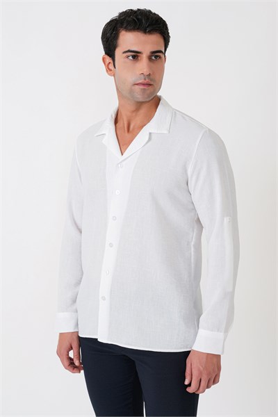 Comfort Fit Apaş Yaka Katlanabilir Kollu Beyaz Keten Gömlek G 1613