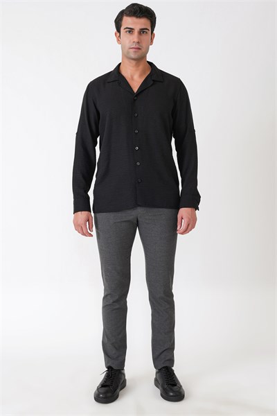 Comfort Fit Apaş Yaka Katlanabilir Kollu Siyah Keten Gömlek G 1613