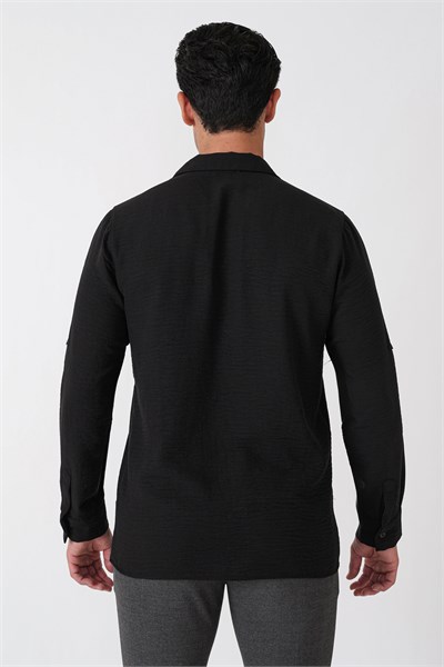 Comfort Fit Apaş Yaka Katlanabilir Kollu Siyah Keten Gömlek G 1613