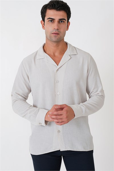 Comfort Fit Apaş Yaka Katlanabilir Kollu Taş Keten Gömlek G 1613