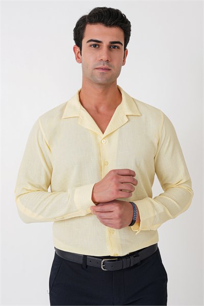 Comfort Fit Apaş Yaka Katlanabilir Kollu Sarı Keten Gömlek G 1613