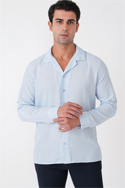 Comfort Fit Apaş Yaka Katlanabilir Kollu Mavi Keten Gömlek G 1613