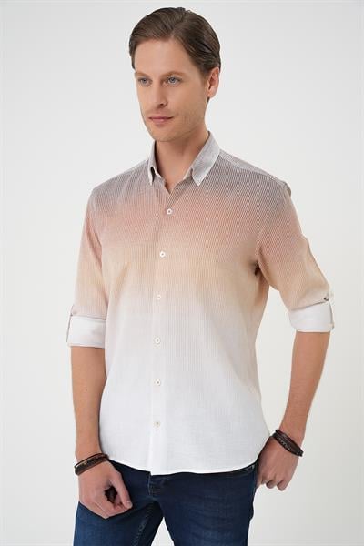 Comfort Fit Apoletli Degrade Desen Esnek Pamuk Bej Gömlek G 1575
