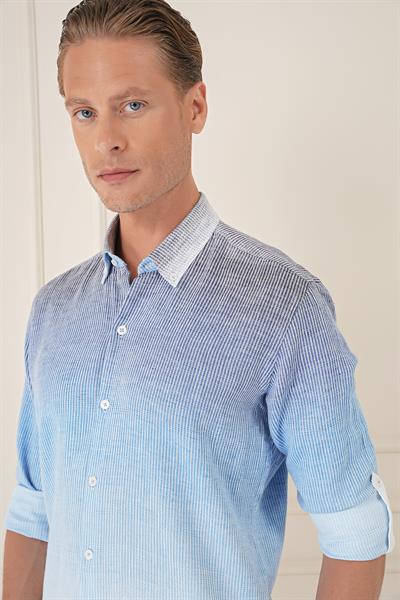 Comfort Fit Apoletli Degrade Desen Esnek Pamuk Mavi Gömlek G 1575